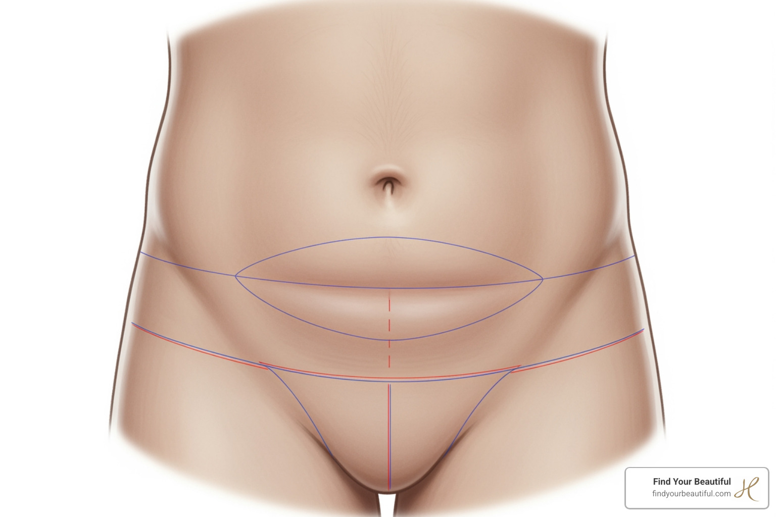 Illustration showing the areas typically treated in a tummy tuck, including skin and fat removal from the lower abdomen. - awake surgery tummy tuck Illustration showing the areas typically treated in a tummy tuck, including skin and fat removal from the lower abdomen. - awake surgery tummy tuck
