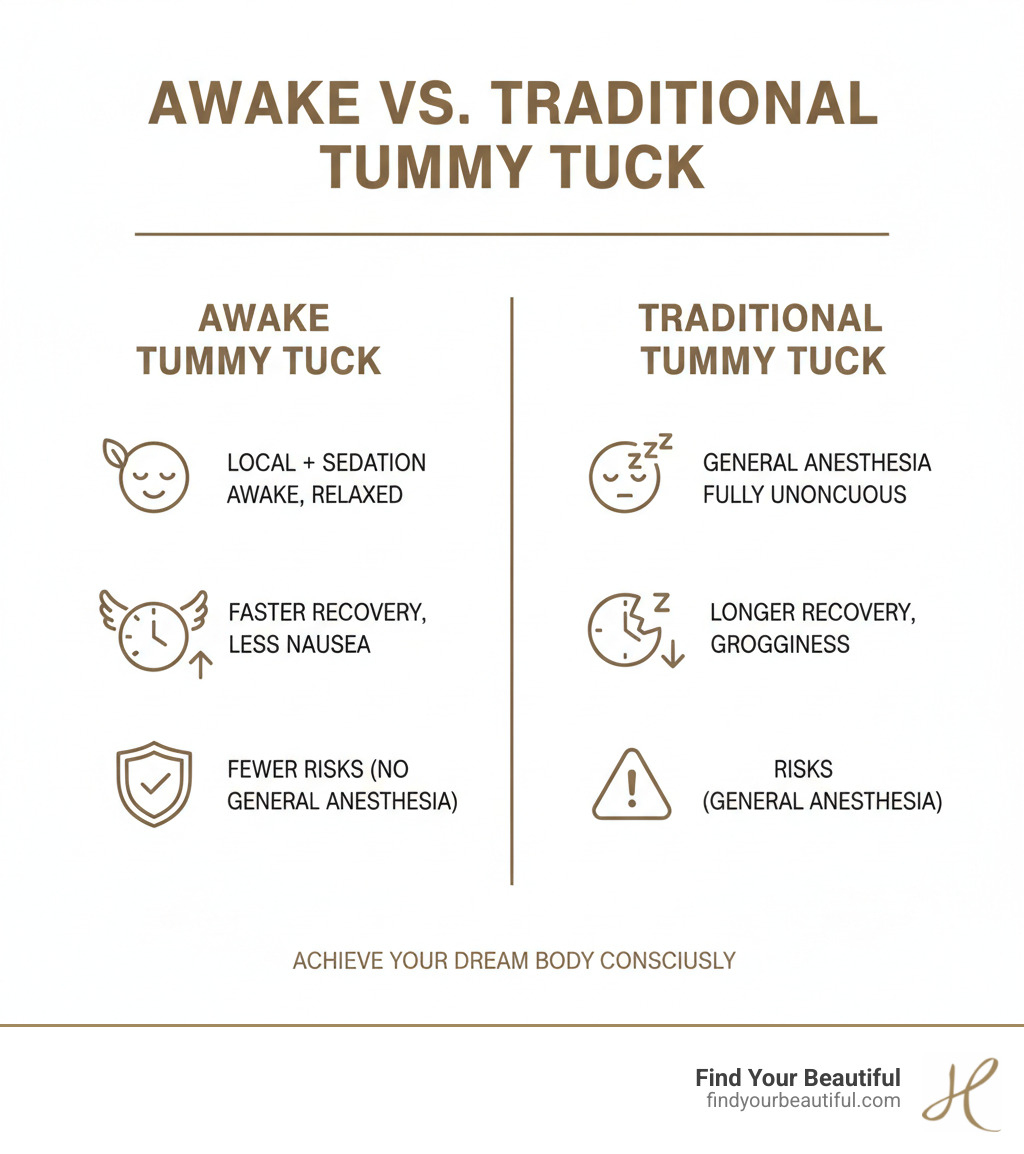 Infographic explaining the key differences between an awake tummy tuck and a traditional tummy tuck. - awake surgery tummy tuck infographic Infographic explaining the key differences between an awake tummy tuck and a traditional tummy tuck. - awake surgery tummy tuck infographic