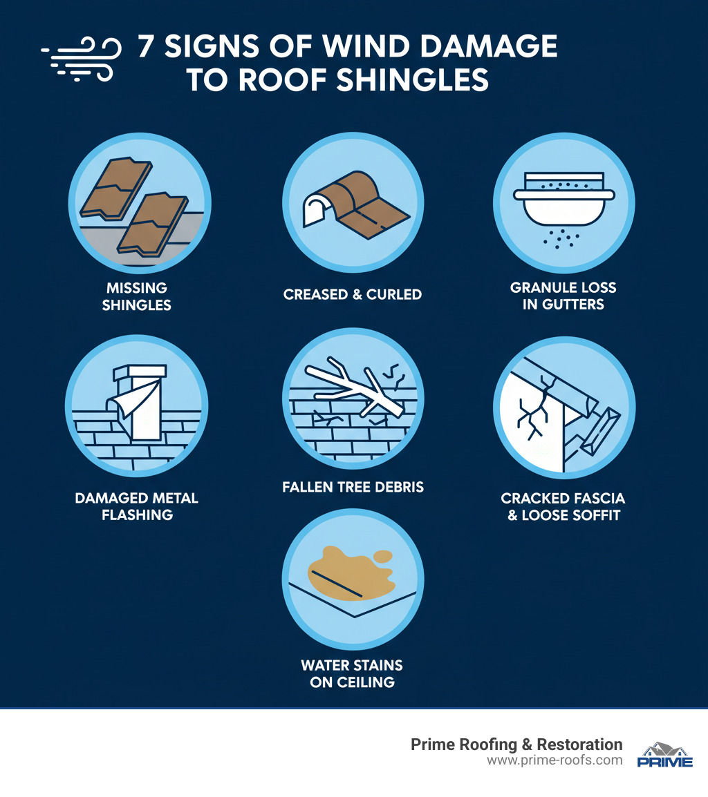 Infographic showing the 7 telltale signs of wind damage to roof shingles with illustrations: missing shingles exposing underlayment, creased and curled shingle tabs, excessive granule loss in gutters, damaged metal flashing around chimney, fallen tree debris on roof surface, cracked fascia and loose soffit panels, and water stains on interior ceiling with peeling paint - wind damage to roof shingles infographic 