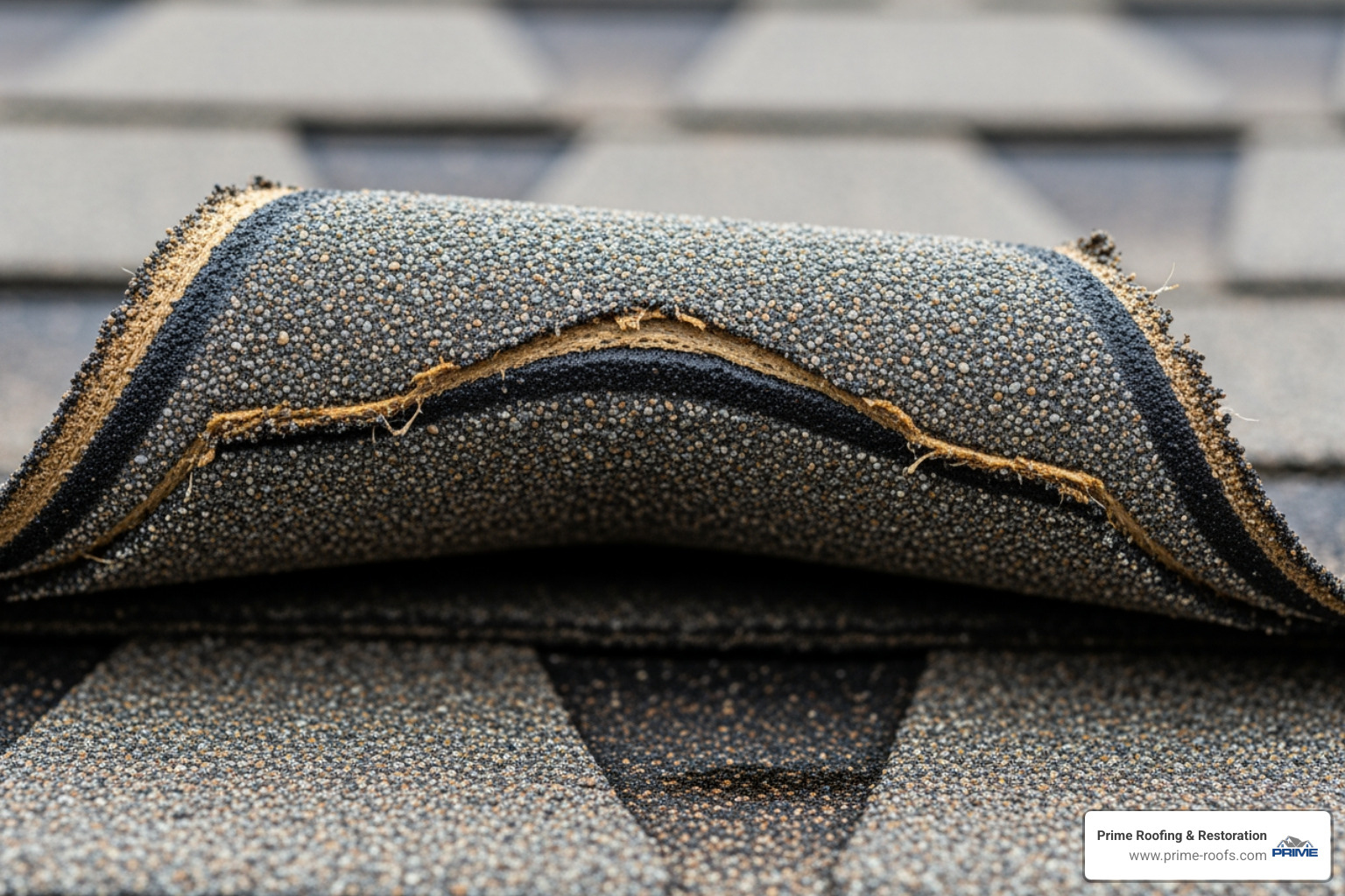 close-up on an asphalt shingle that is creased horizontally and curling up at the edges - wind damage to roof shingles