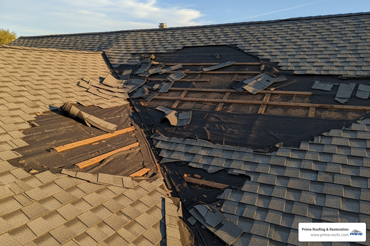 roof with several shingles completely missing, exposing the underlayment - wind damage to roof shingles