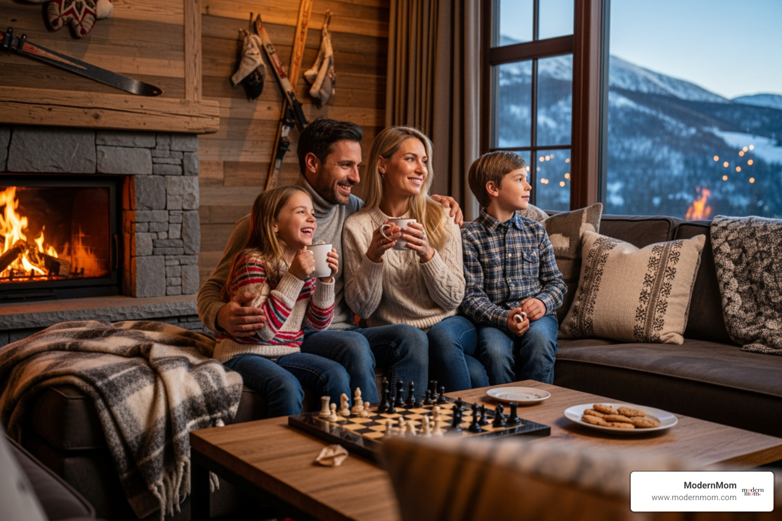 Family enjoying hot chocolate in a ski lodge - Ski trip budget