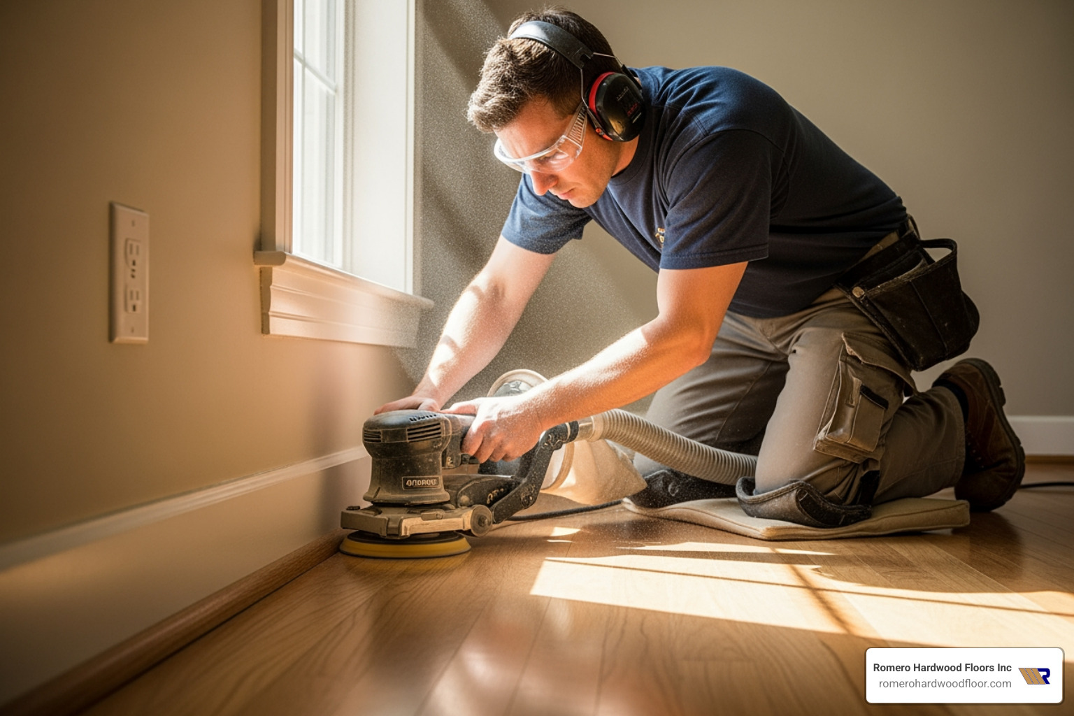 Professional using an edger sander along a baseboard - cost for sanding hardwood floors Professional using an edger sander along a baseboard - cost for sanding hardwood floors