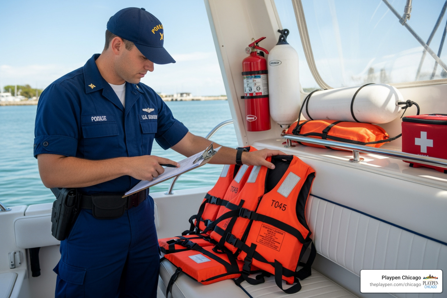 USCG officer inspecting safety equipment on a boat - Charter permit requirements USCG officer inspecting safety equipment on a boat - Charter permit requirements