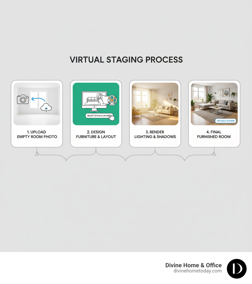 infographic showing the virtual staging process from start to finish: Step 1 shows an empty room photo being uploaded, Step 2 shows a designer selecting furniture style and layout on a computer, Step 3 shows the software rendering realistic lighting and shadows, Step 4 shows the final beautifully furnished room with proper disclosure label - virtually staged infographic infographic showing the virtual staging process from start to finish: Step 1 shows an empty room photo being uploaded, Step 2 shows a designer selecting furniture style and layout on a computer, Step 3 shows the software rendering realistic lighting and shadows, Step 4 shows the final beautifully furnished room with proper disclosure label - virtually staged infographic