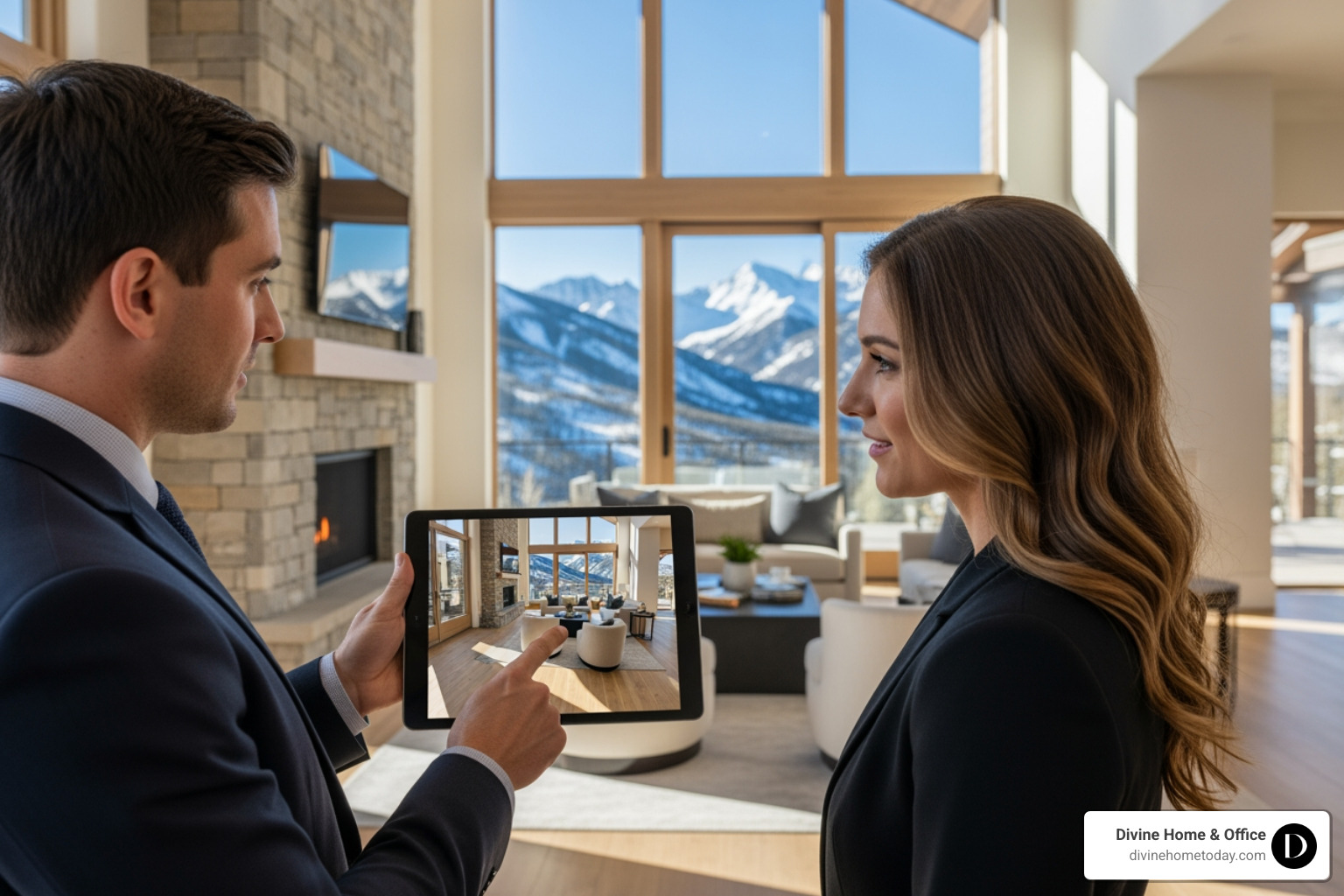 real estate agent showing a client virtually staged photos on a tablet during a home tour, in a luxury modern mountain Colorado home with large windows and mountain views - virtually staged real estate agent showing a client virtually staged photos on a tablet during a home tour, in a luxury modern mountain Colorado home with large windows and mountain views - virtually staged