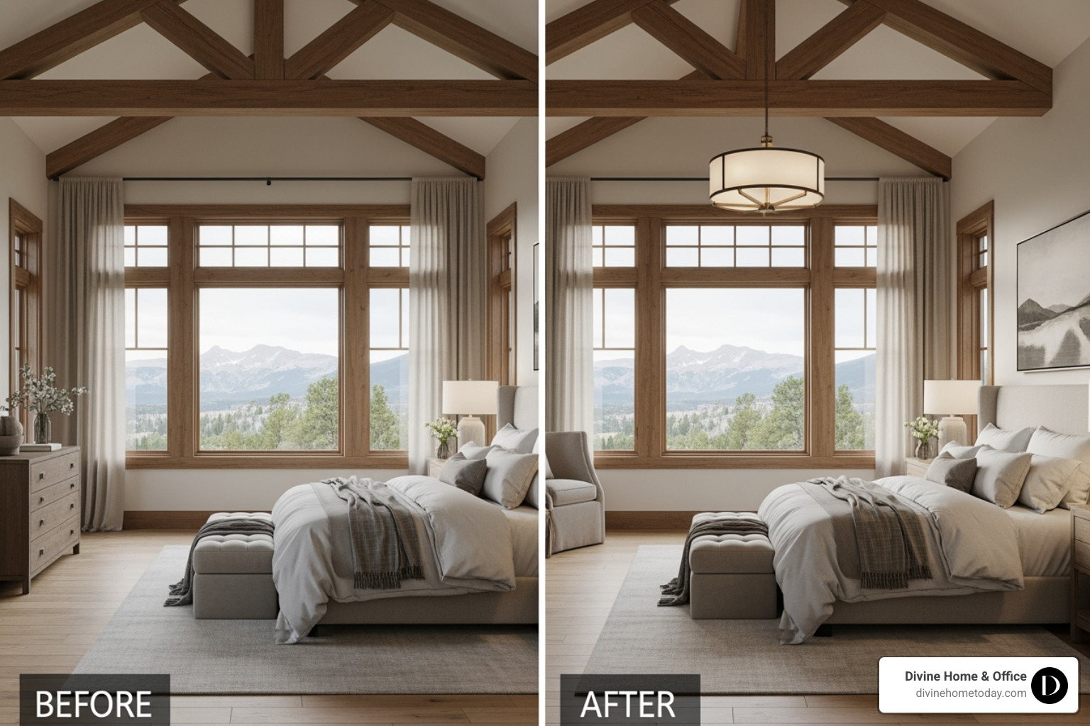 before-and-after virtual staging of a master bedroom, showing an empty room transformed into a rustic-modern Colorado luxury bedroom with timber beams, natural fabrics, warm wood tones, mountain views through large windows, soft ambient light, high-end finishes, styled and serene - virtually staged before-and-after virtual staging of a master bedroom, showing an empty room transformed into a rustic-modern Colorado luxury bedroom with timber beams, natural fabrics, warm wood tones, mountain views through large windows, soft ambient light, high-end finishes, styled and serene - virtually staged