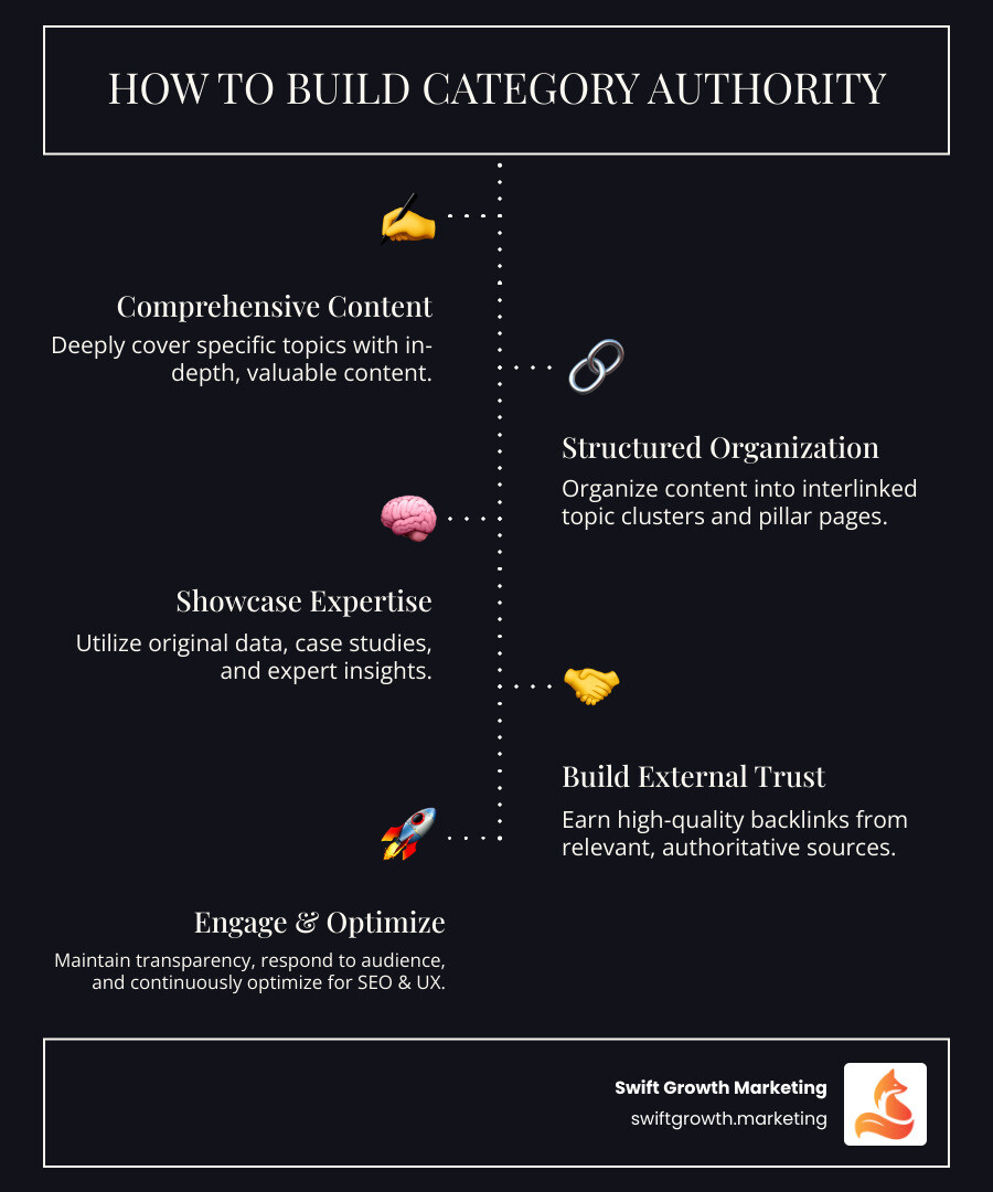 Infographic detailing key steps to build category authority, showing content creation, topic clusters, expert sourcing, and SEO leading to increased trust and rankings - build category authority infographic infographic-line-5-steps-dark Infographic detailing key steps to build category authority, showing content creation, topic clusters, expert sourcing, and SEO leading to increased trust and rankings - build category authority infographic infographic-line-5-steps-dark