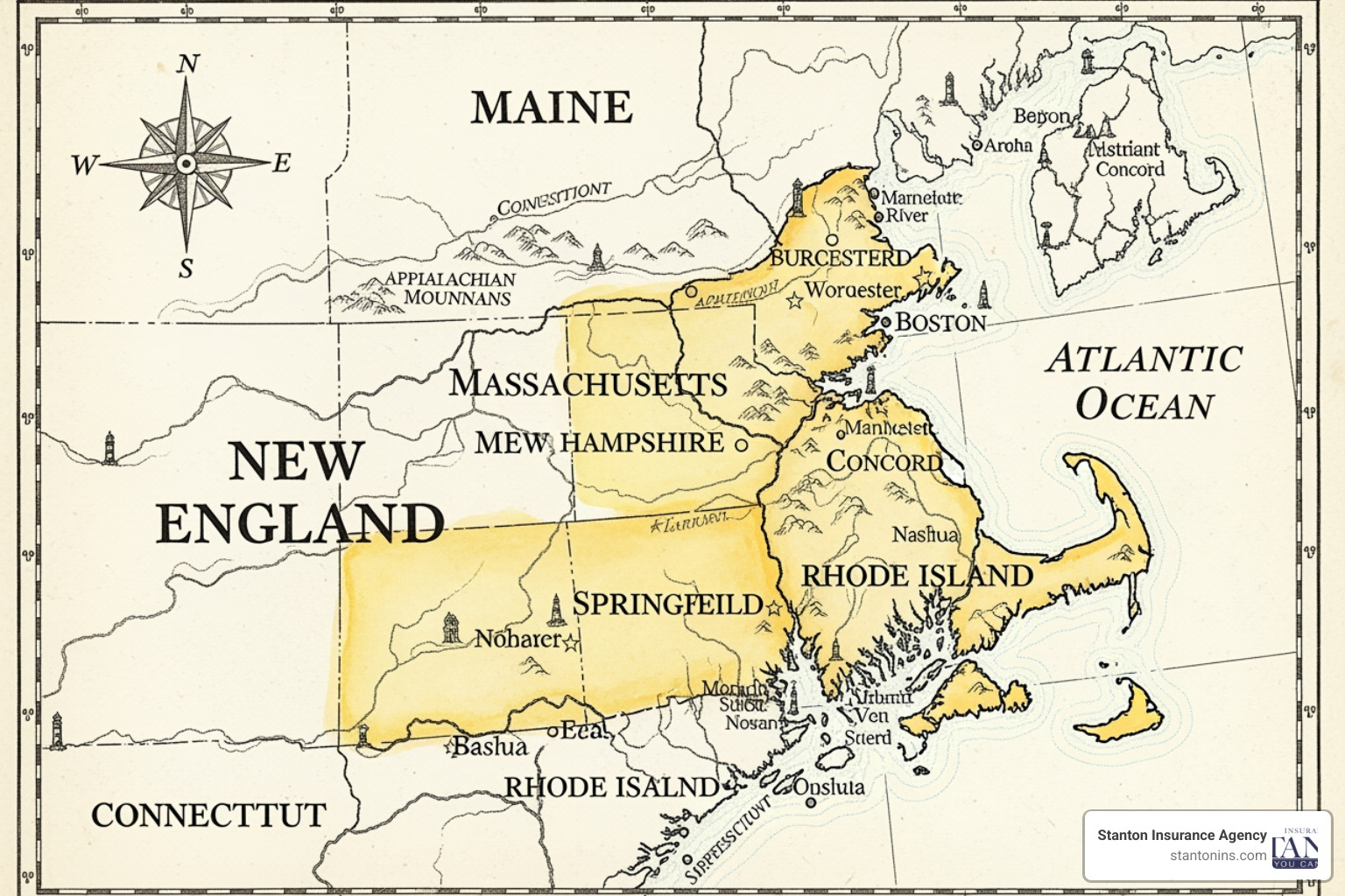 Map of New England with Massachusetts and New Hampshire highlighted - is full coverage required