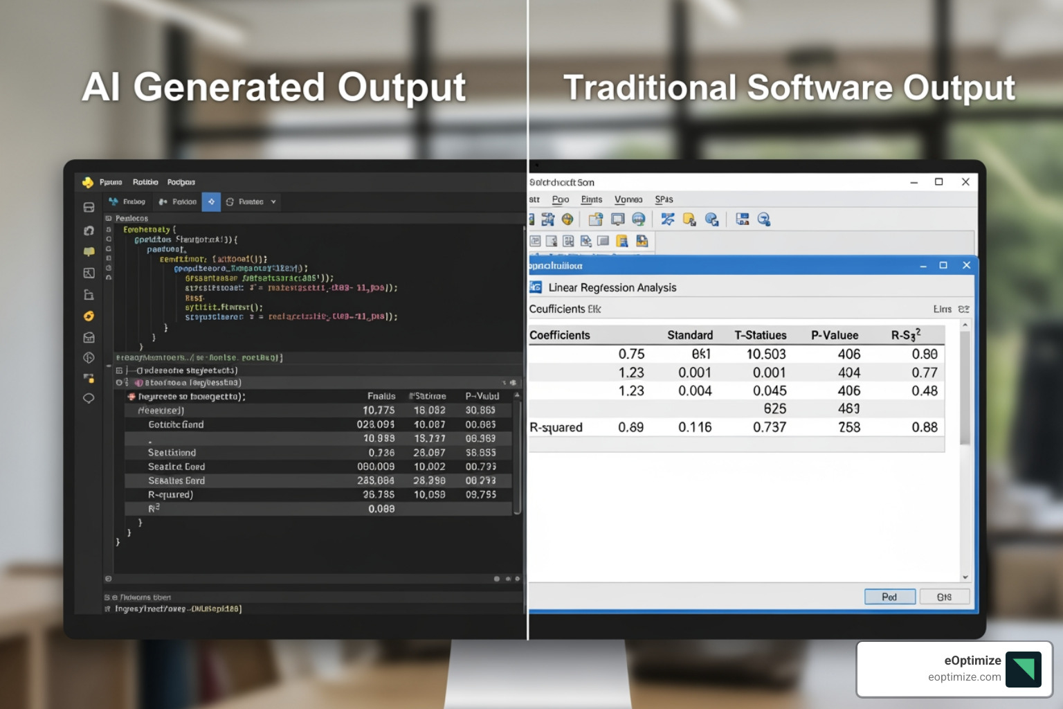 Side-by-side comparison of ChatGPT's code output (left) vs. a standard software output (right), showing identical or very similar results for a statistical analysis, highlighting accuracy in computational steps - ChatGPT performance metrics