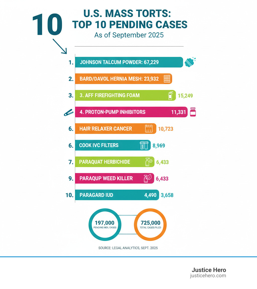 Infographic showing the top 10 active mass torts by pending cases in the U.S., with Johnson Talcum Powder at 67,229 cases leading, followed by Bard/Davol Hernia Mesh at 23,932, AFFF Firefighting Foam at 15,249, Proton-Pump Inhibitors at 11,331, Hair Relaxer Cancer at 10,723, Bair Hugger Warming Device at 8,757, Cook IVC Filters at 6,969, Paraquat Herbicide at 6,433, Roundup Weed Killer at 4,490, and Paragard IUD at 3,658 cases. The graphic includes a total of 197,000 pending MDL cases with 725,000 total cases filed as of September 2025. - mass tort litigation news infographic 
