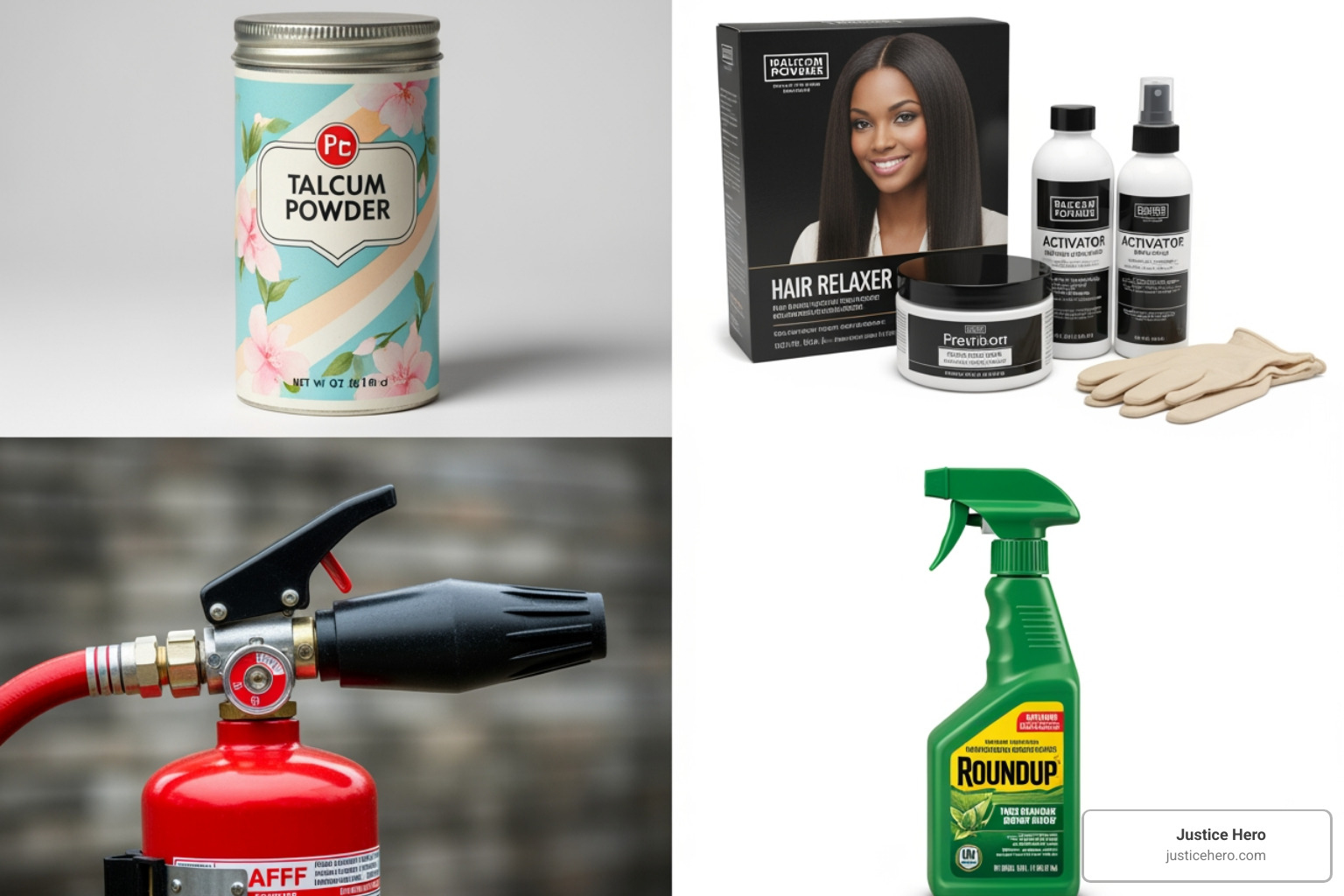 collage of product images related to talc, AFFF, hair relaxers, and Roundup - mass tort litigation news