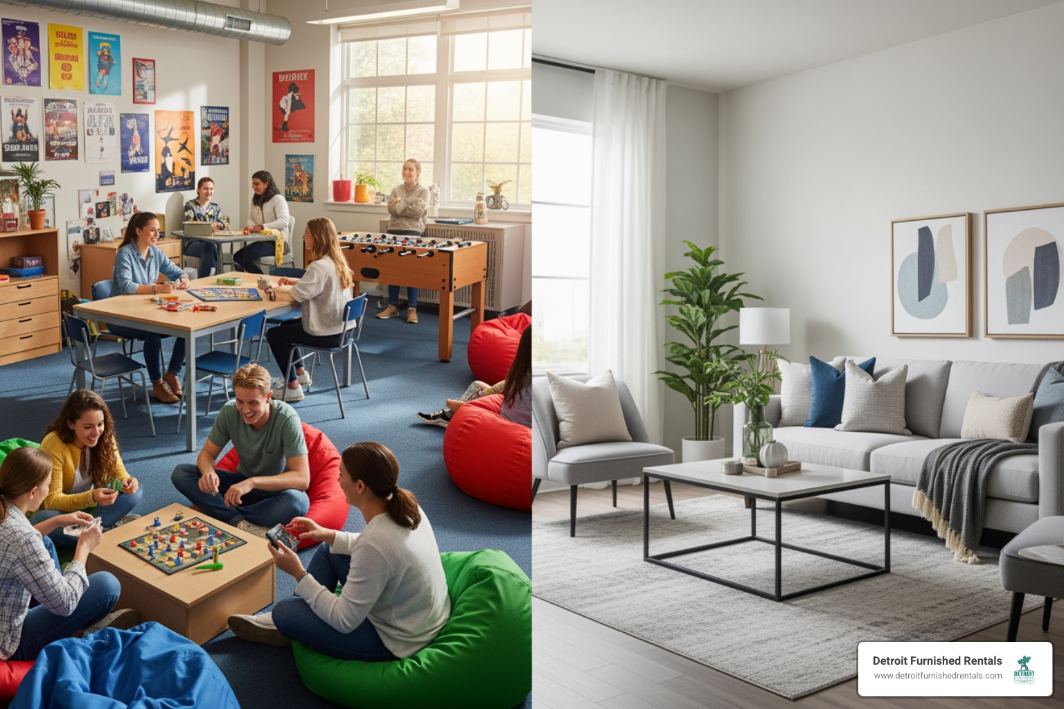 split-screen showing a vibrant student common room on one side and a quiet, modern apartment living room on the other - University student housing