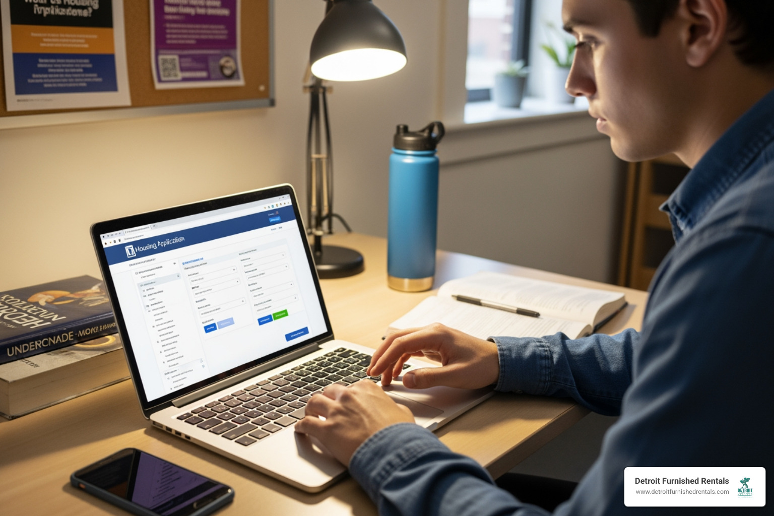 student filling out an online housing application on a laptop - University student housing
