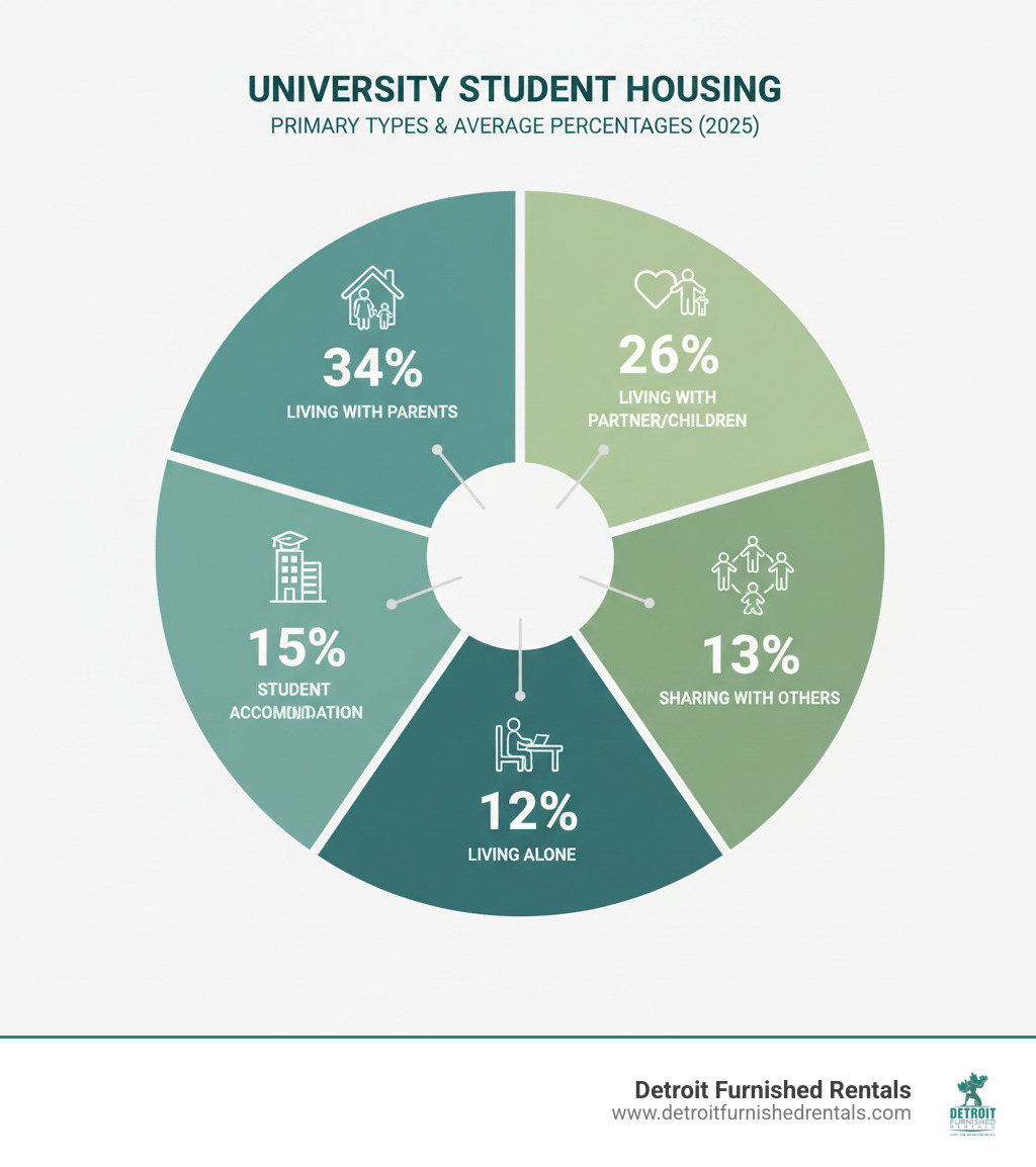 Infographic showing primary types of university student housing and their average percentages among students - University student housing infographic 