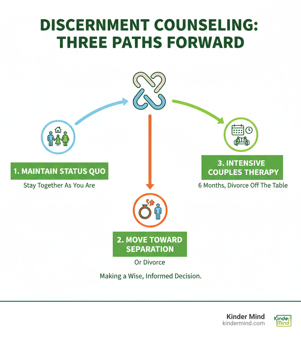 infographic showing three paths: Path 1 - Maintain the status quo and stay together as you are; Path 2 - Move toward separation or divorce; Path 3 - Commit to 6 months of intensive couples therapy with divorce off the table during that time - what is discernment counseling infographic 