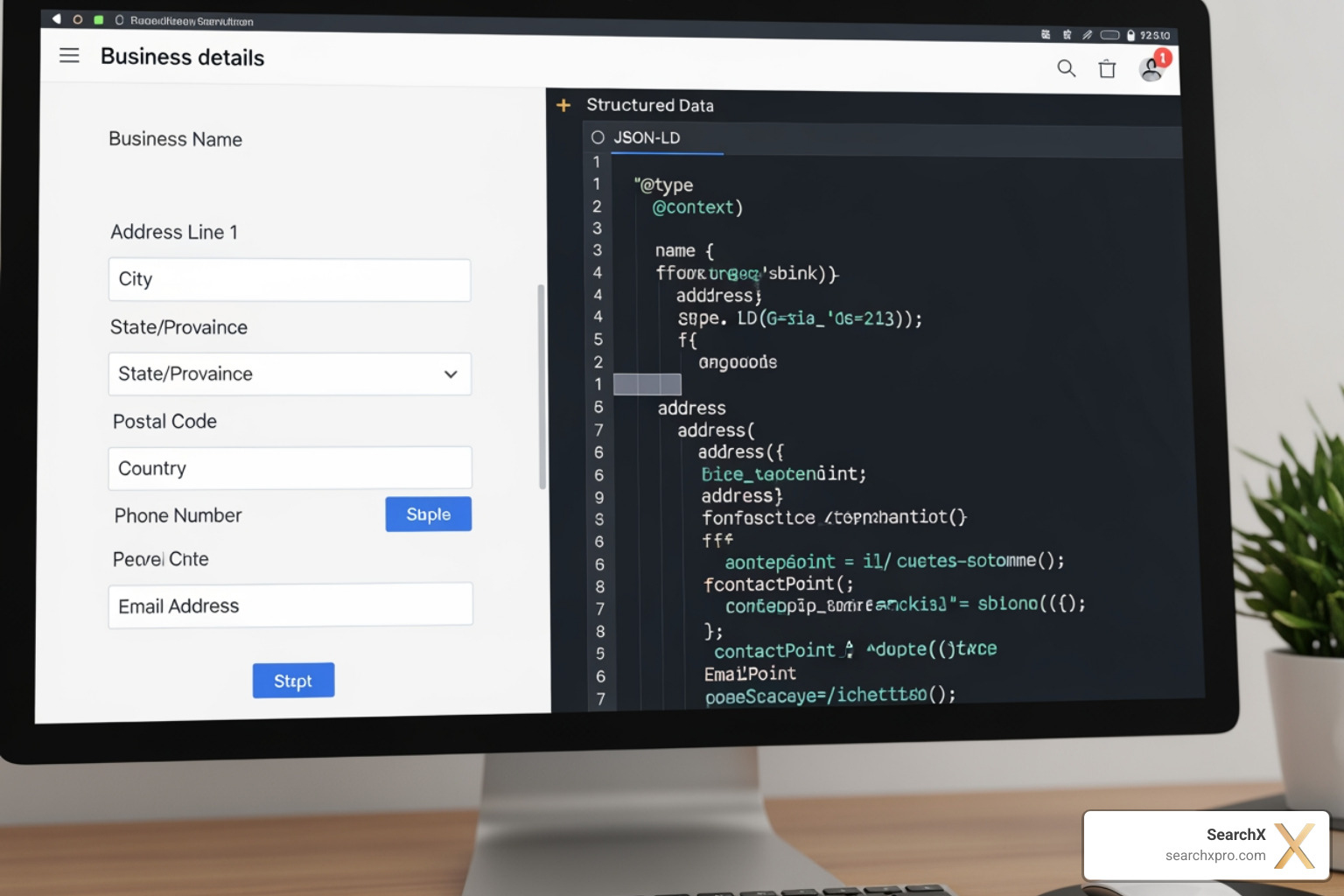 Schema generator tool's user interface showing fields for business information and generated JSON-LD code - how to add local business schema