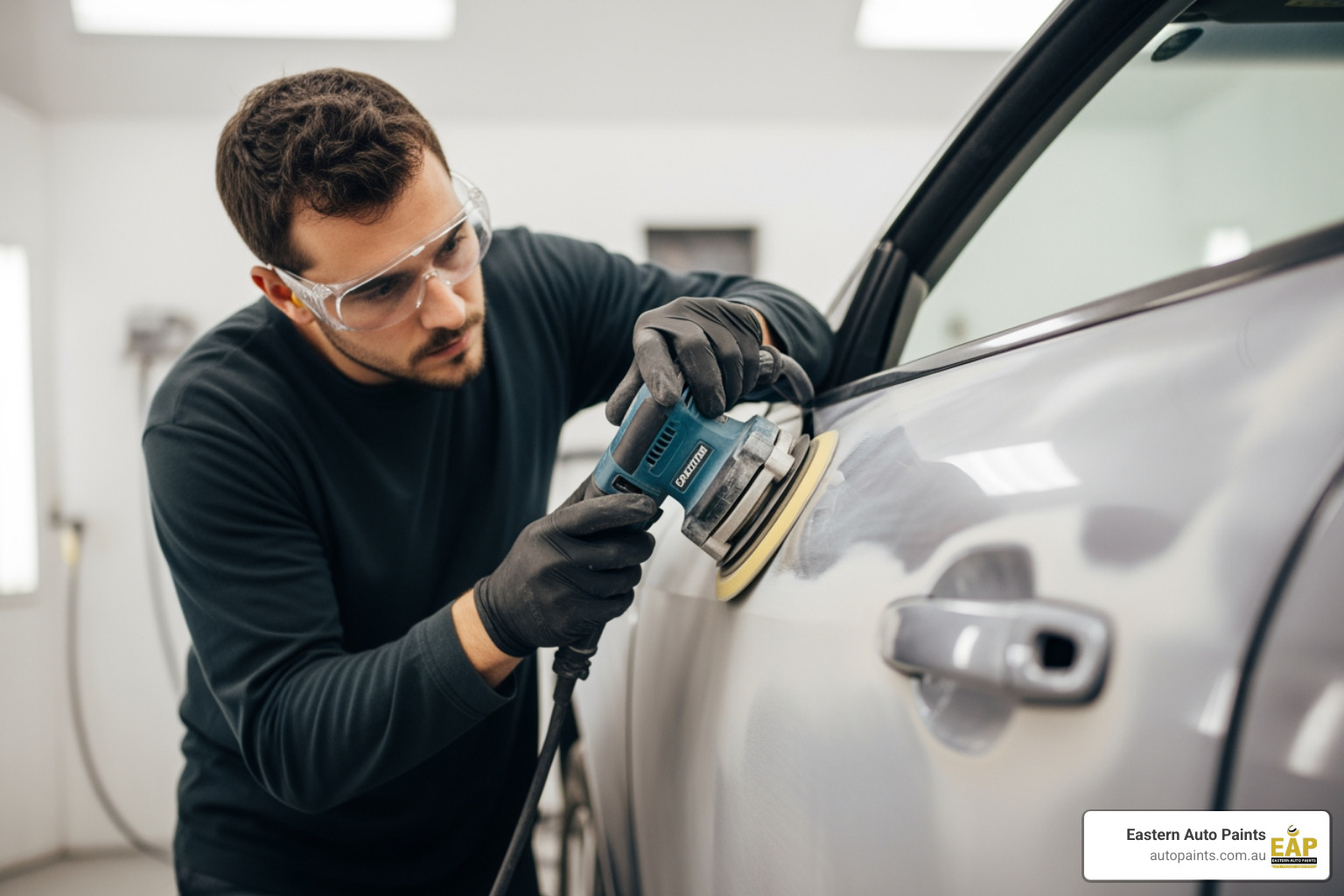 Skilled body shop painter sanding old paint layers off a vehicle panel in preparation for refinishing, an effective method often replacing chemical car colour remover.