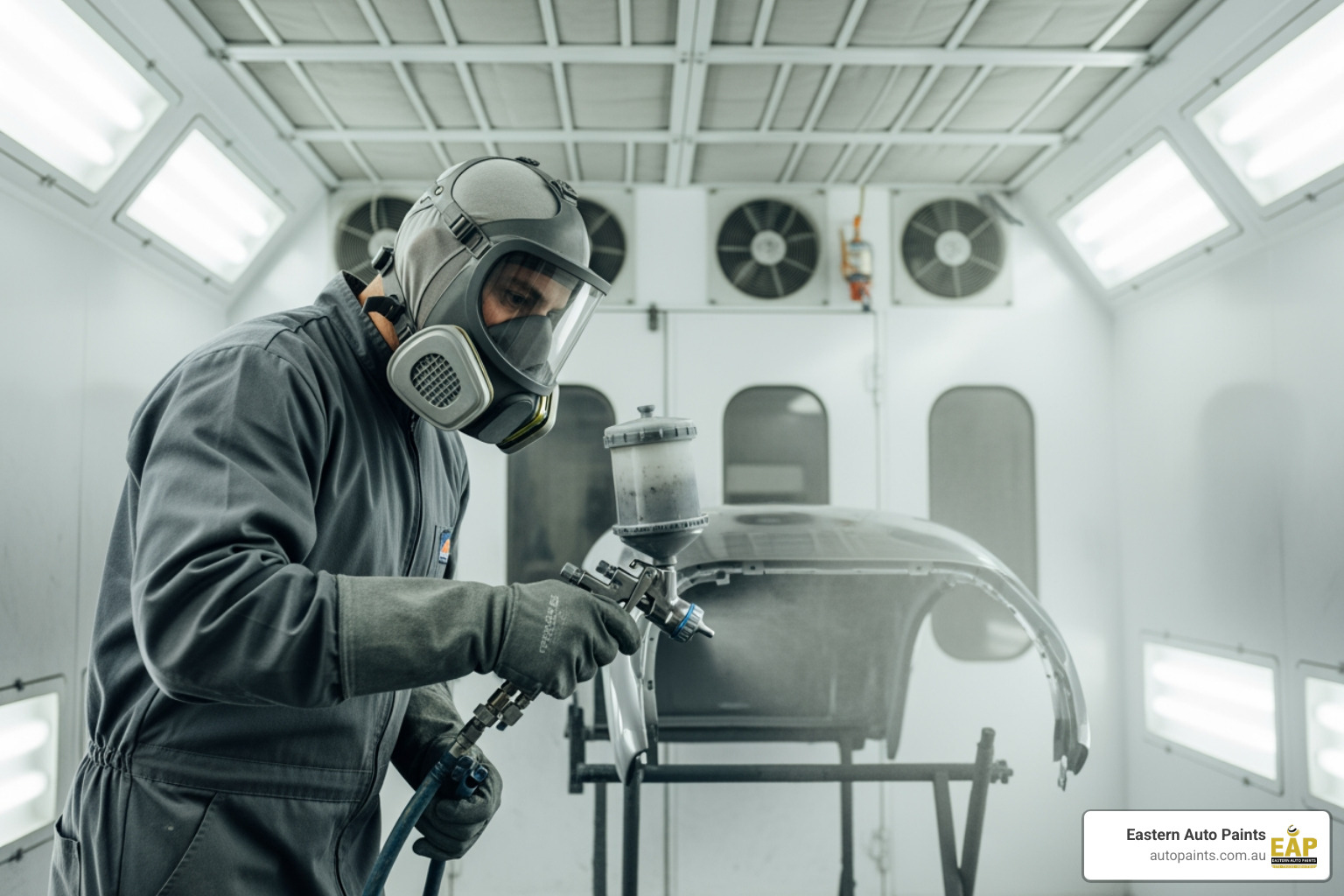 Paint technician wearing a respirator and jumpsuit applying primer in a clean spray booth, the crucial first coat after using a strong car colour remover.