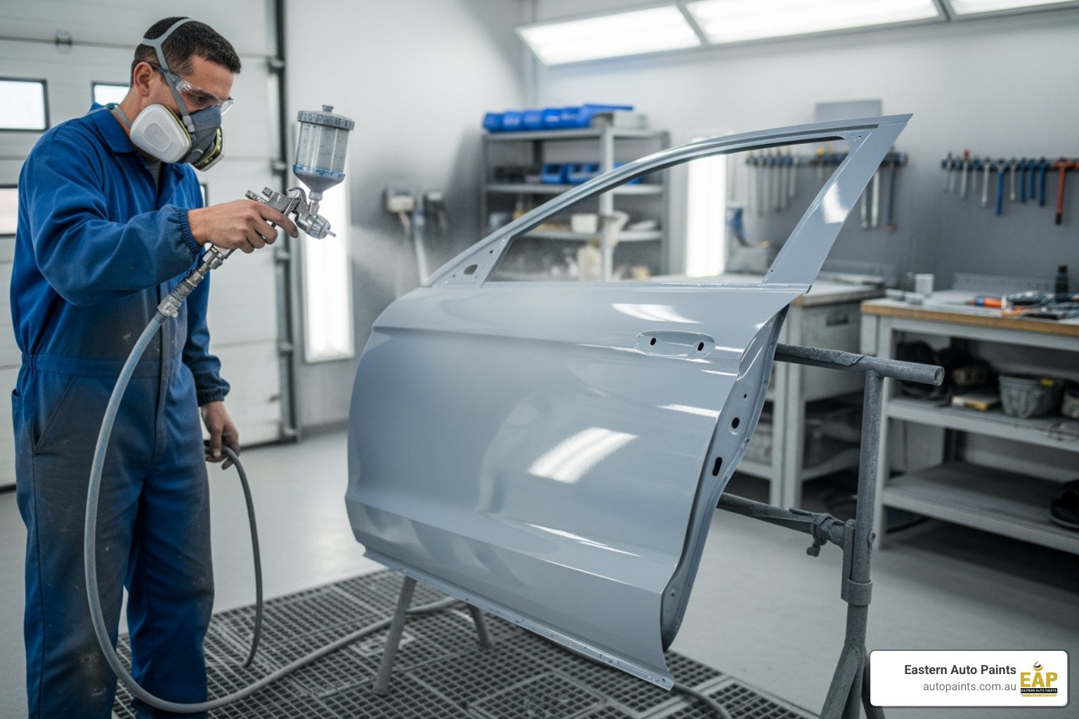 Paint technician applying a grey high-build primer to a new car door in a clean workshop, demonstrating the application of specialist automotive paint primer types.