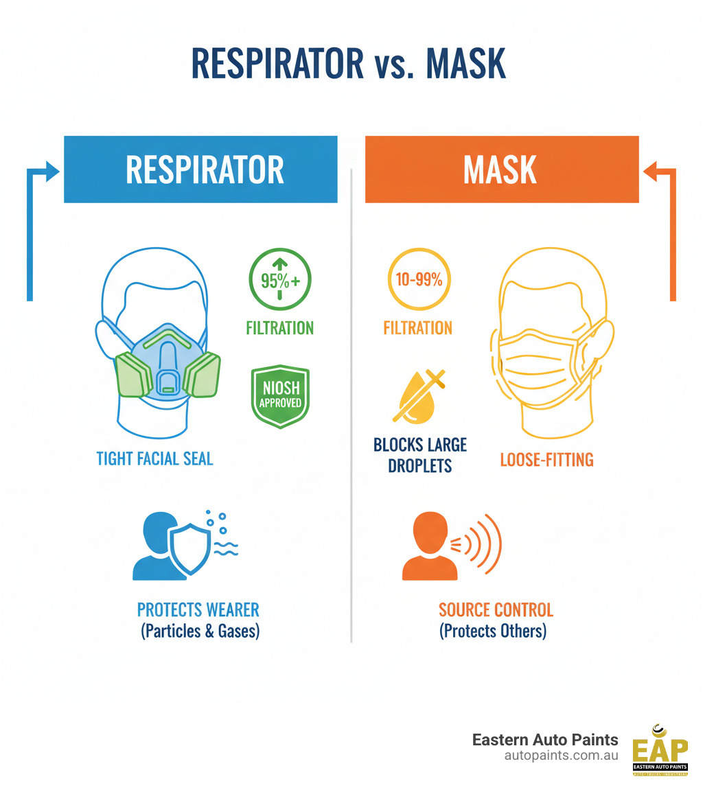 Diagram illustrating the key differences between various PPE masks types, showing NIOSH-approved respirator filtration (95%+) and simple mask filtration (10-99%). Diagram illustrating the key differences between various PPE masks types, showing NIOSH-approved respirator filtration (95%+) and simple mask filtration (10-99%).