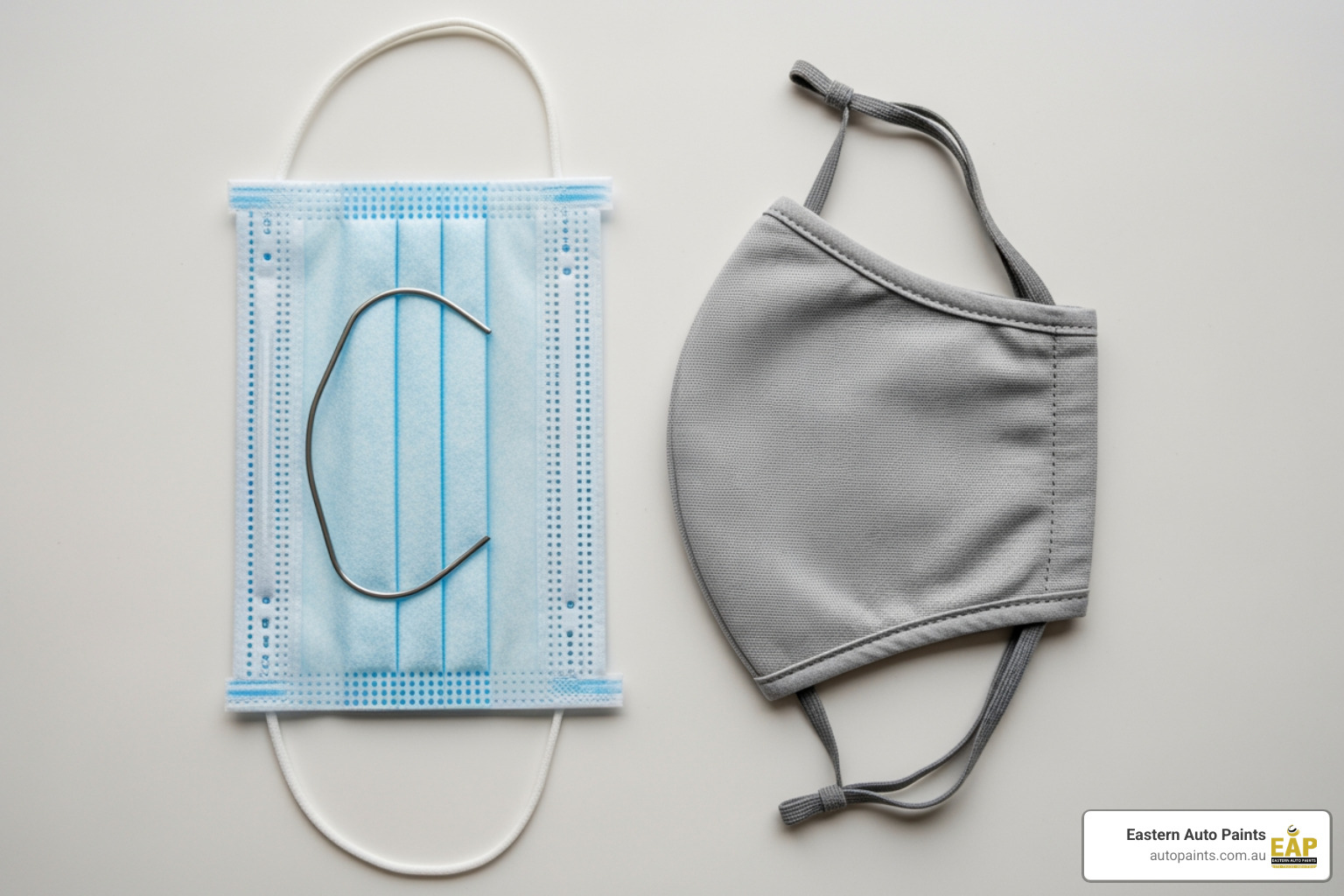 A standard surgical mask and a cloth mask side-by-side, clearly showing their construction and typical appearance. - PPE Masks A standard surgical mask and a cloth mask side-by-side, clearly showing their construction and typical appearance. - PPE Masks