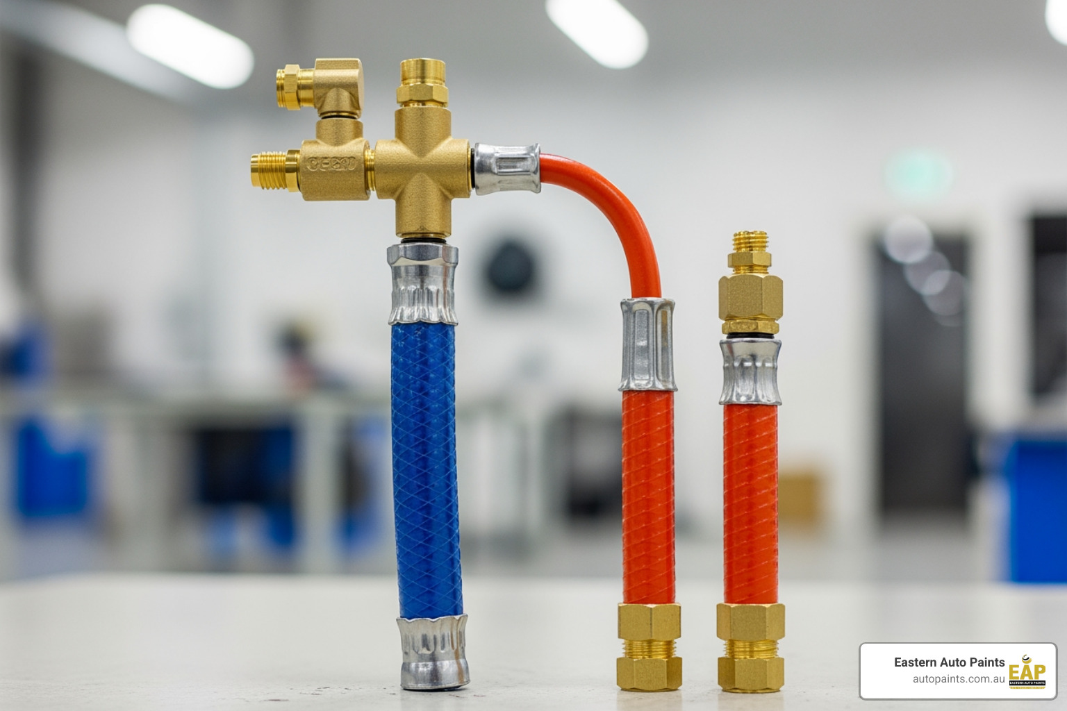 twin hose assembly next to separate air and fluid hoses - paint pressure pot hoses