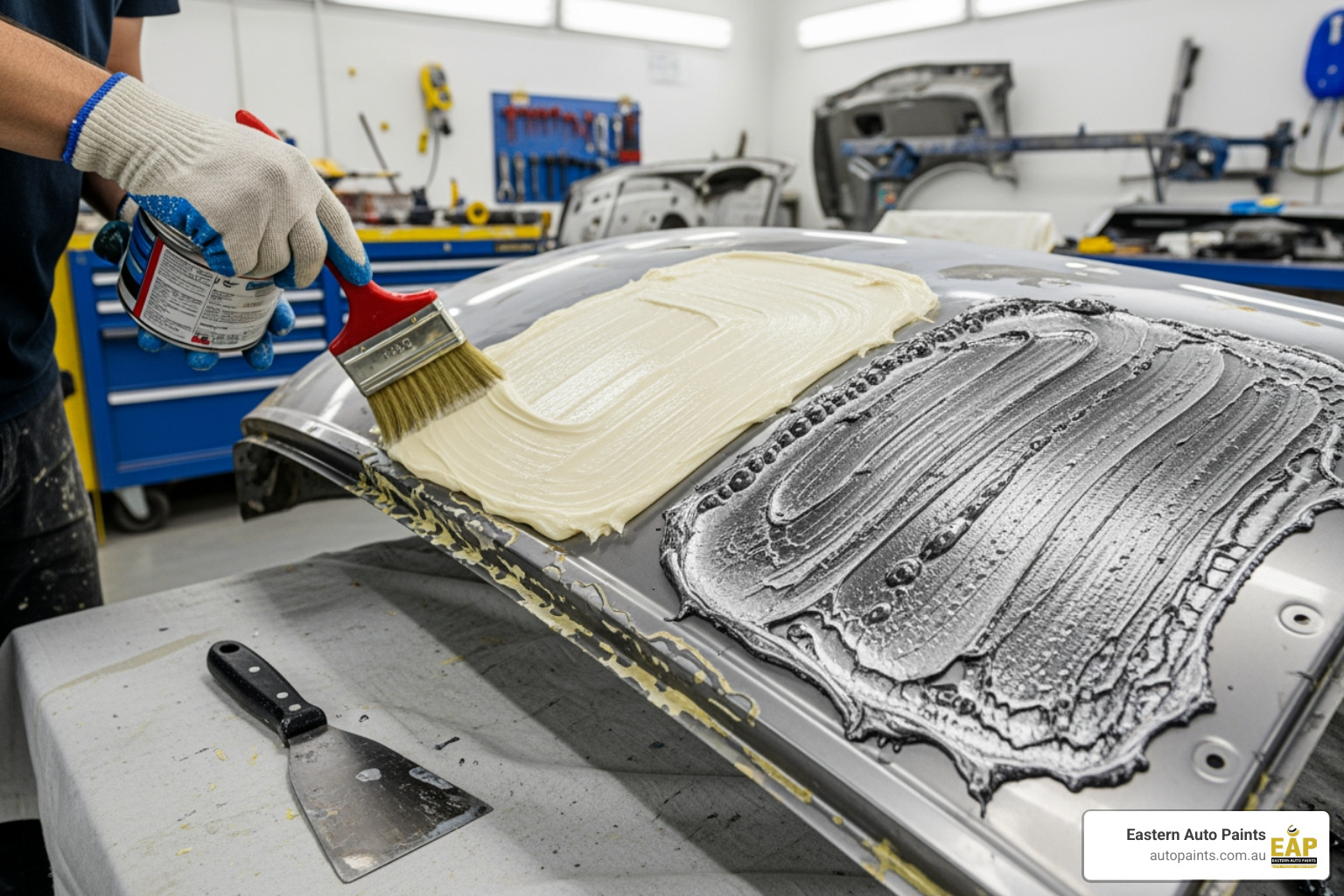Applying heavy-duty paint stripper to a large automotive panel, showing the crucial chemical reaction lifting the old paint and preparing for removal.