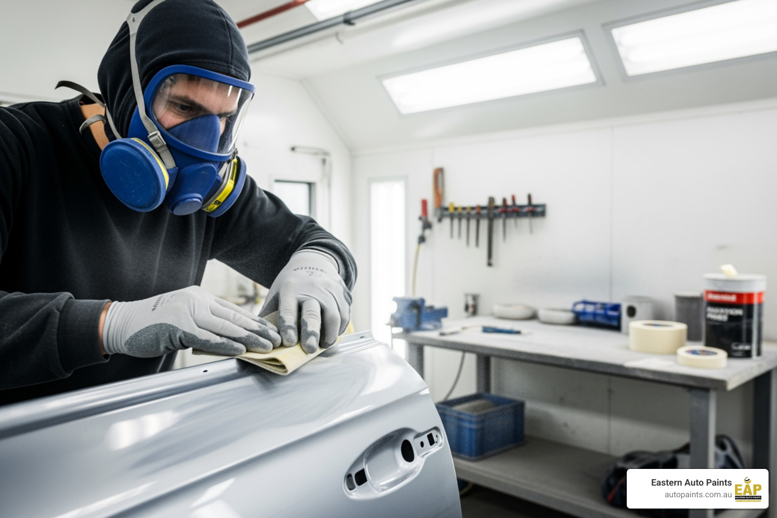 Professional surface preparation of a vehicle panel by sanding before applying primer and paint, ensuring the highest quality finish when using touch up spray cans.