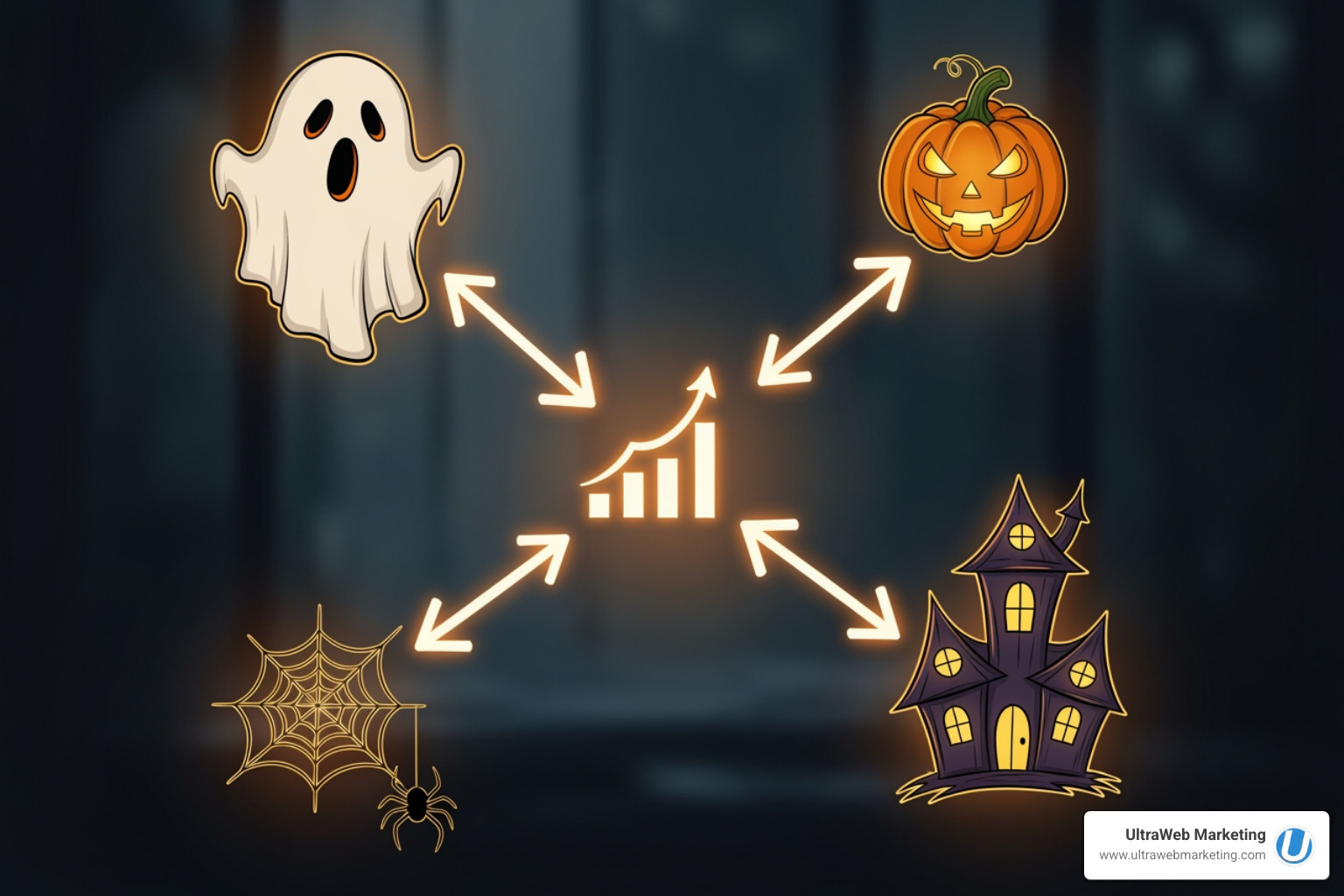 Image illustrating the synergy between different digital marketing services, with arrows connecting SEO, PPC, Social Media, and Web Design, all pointing towards "Business Growth" in the center. The image has a subtle Halloween theme, perhaps with friendly ghost icons representing data flow or pumpkin icons for different service areas. - fort lauderdale internet marketing agency Image illustrating the synergy between different digital marketing services, with arrows connecting SEO, PPC, Social Media, and Web Design, all pointing towards "Business Growth" in the center. The image has a subtle Halloween theme, perhaps with friendly ghost icons representing data flow or pumpkin icons for different service areas. - fort lauderdale internet marketing agency