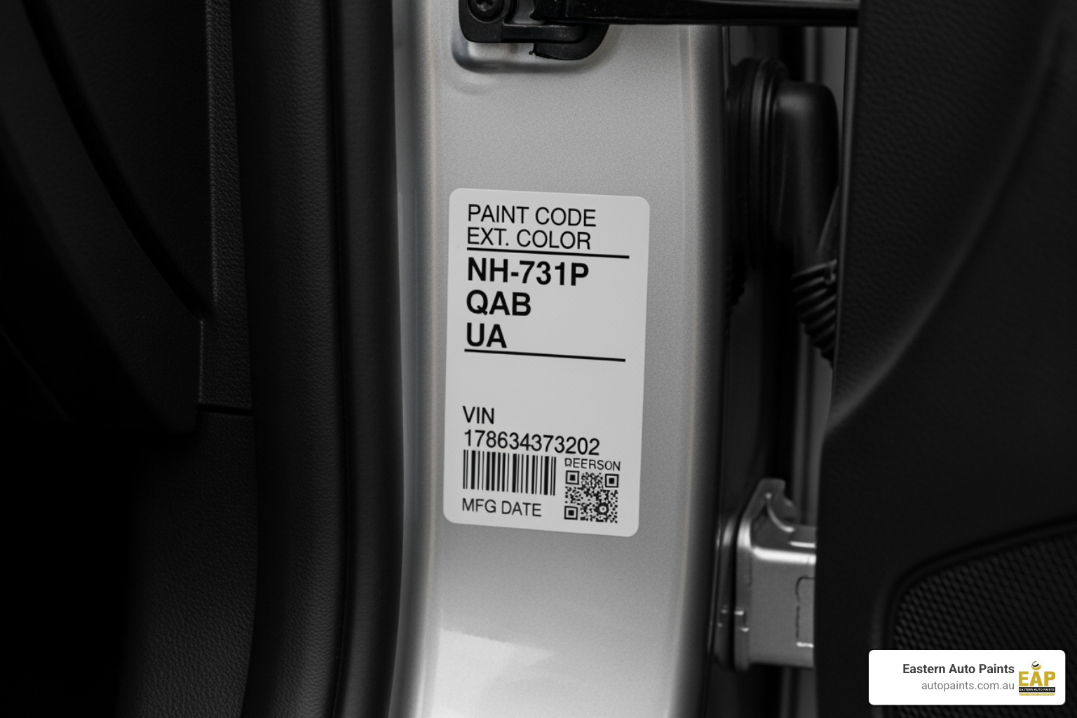 Locating the essential PAINT CODE (NH-731P) on the vehicle's compliance plate to ensure perfect colour match and finish quality when ordering touch up spray cans.