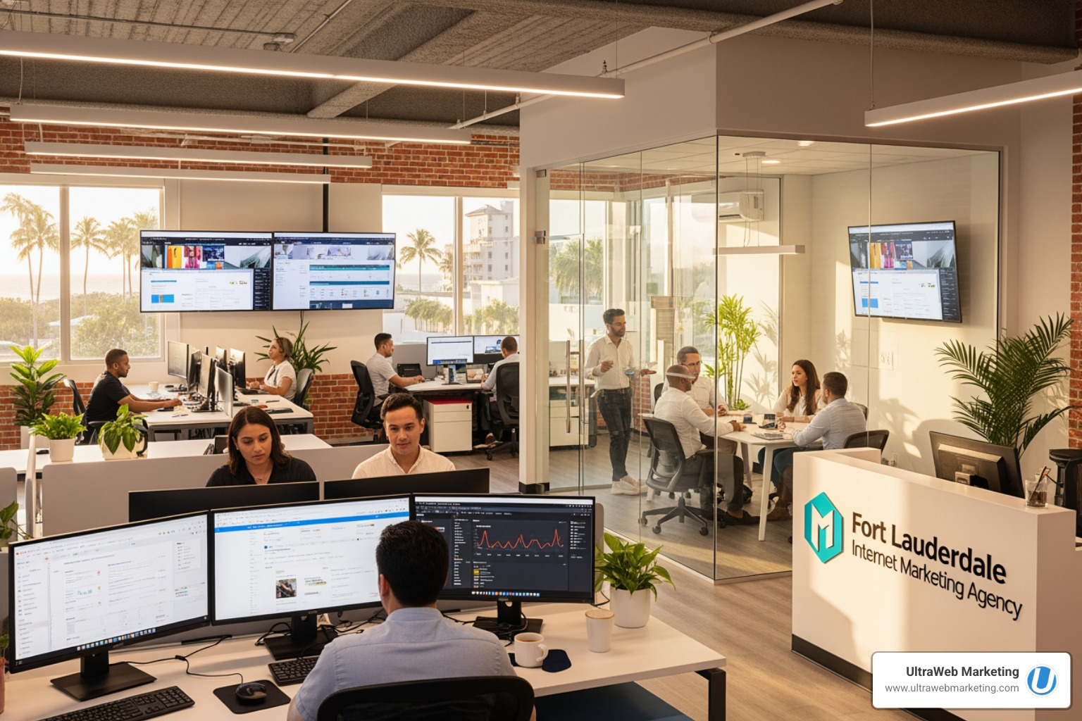 Image of the UltraWeb Marketing team collaborating on a marketing strategy, with a spooky but friendly ghost mascot observing their work. The team is looking at a whiteboard filled with web design mockups and SEO keywords, all in a Halloween color scheme. - fort lauderdale internet marketing agency Image of the UltraWeb Marketing team collaborating on a marketing strategy, with a spooky but friendly ghost mascot observing their work. The team is looking at a whiteboard filled with web design mockups and SEO keywords, all in a Halloween color scheme. - fort lauderdale internet marketing agency