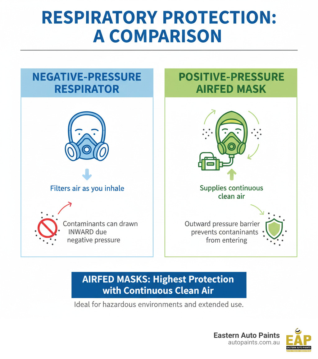 Infographic comparing negative-pressure respirators (filters air) to a positive-pressure airfed mask (supplies clean air), highlighting superior safety.
