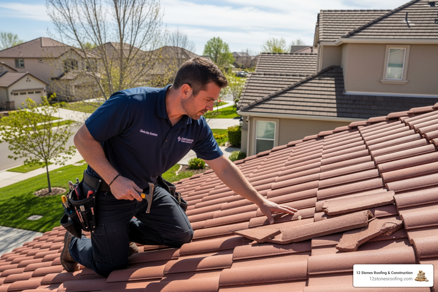 roofing contractor inspecting a tile roof - concrete slate tile roof roofing contractor inspecting a tile roof - concrete slate tile roof