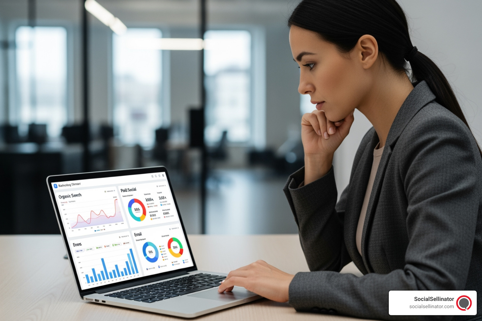 marketing manager analyzing a colorful dashboard on a laptop, showing different lead source channels like 'Organic Search', 'Paid Social', and 'Email' - hotel lead generation manager marketing manager analyzing a colorful dashboard on a laptop, showing different lead source channels like 'Organic Search', 'Paid Social', and 'Email' - hotel lead generation manager