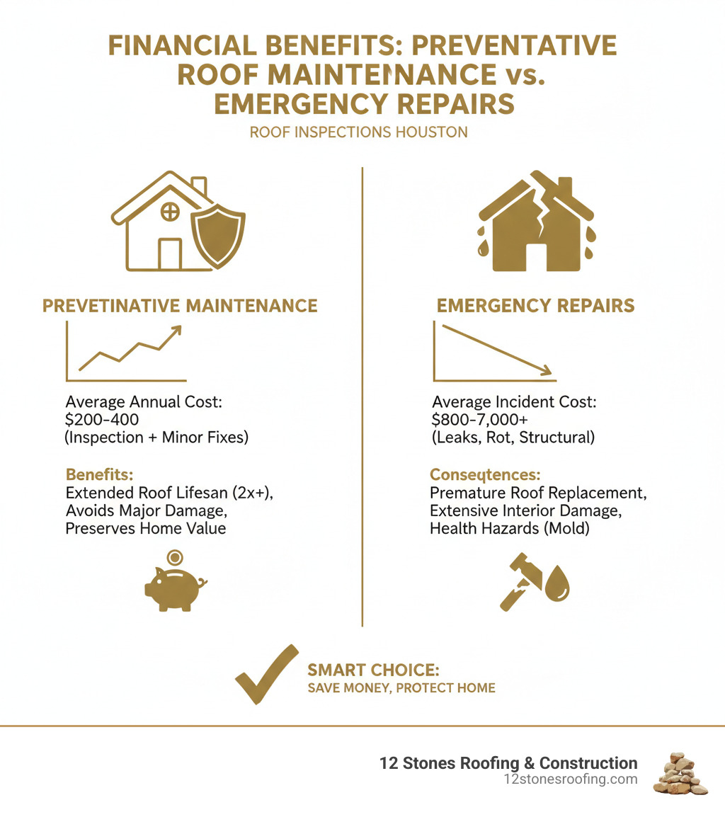 Financial benefits of preventative roof maintenance vs. emergency repairs - roof inspections houston infographic Financial benefits of preventative roof maintenance vs. emergency repairs - roof inspections houston infographic