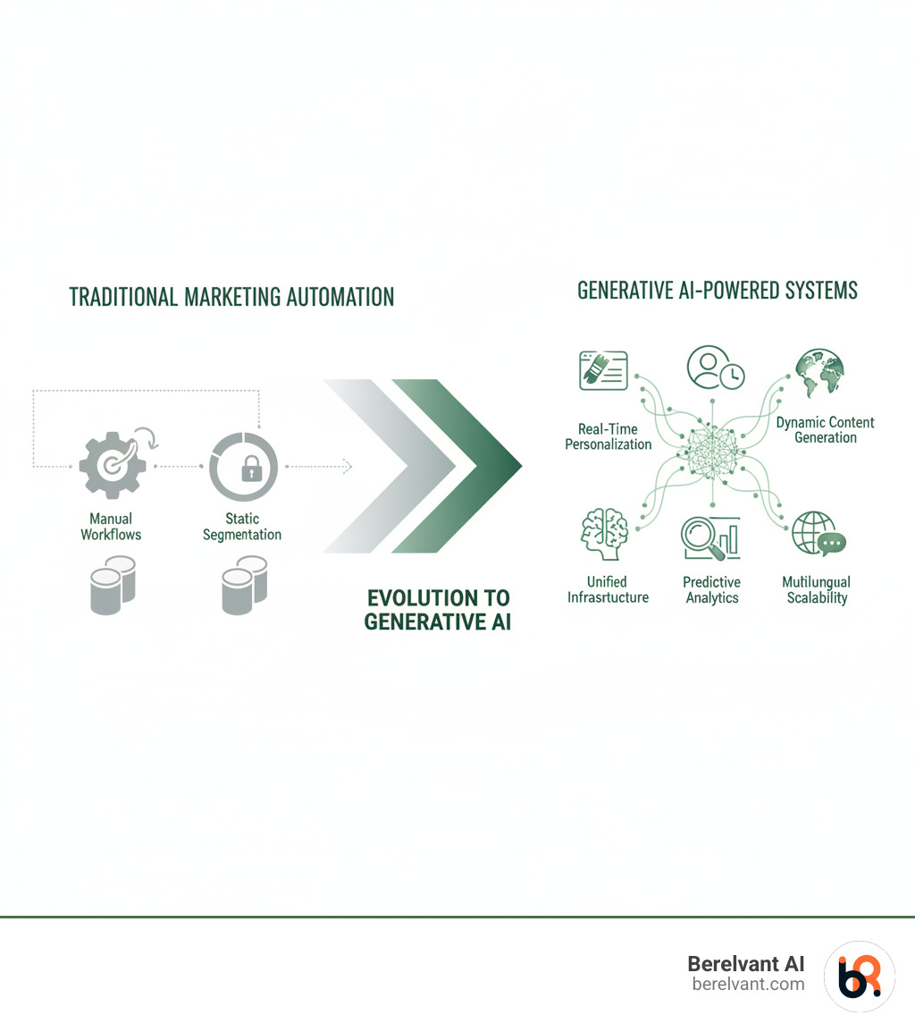 Infographic showing the evolution from traditional marketing automation (manual workflows, static segmentation, channel silos) to generative AI-powered systems (dynamic content generation, real-time personalization, unified creative infrastructure, predictive analytics, and multilingual scalability) - generative ai marketing infographic 