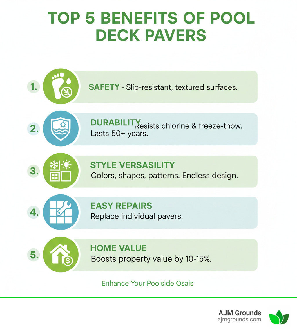 Infographic showing the top 5 benefits of pool deck pavers: 1. Safety - Slip-resistant textured surfaces protect barefoot traffic, 2. Durability - Resistant to chlorine, salt, and freeze-thaw cycles, lasts 50+ years, 3. Style Versatility - Available in numerous colors, shapes, patterns, and materials to match any design, 4. Easy Repairs - Individual damaged pavers can be replaced without redoing entire deck, 5. Home Value - Quality paver pool decks increase property value by 10-15% - Pool deck pavers infographic 