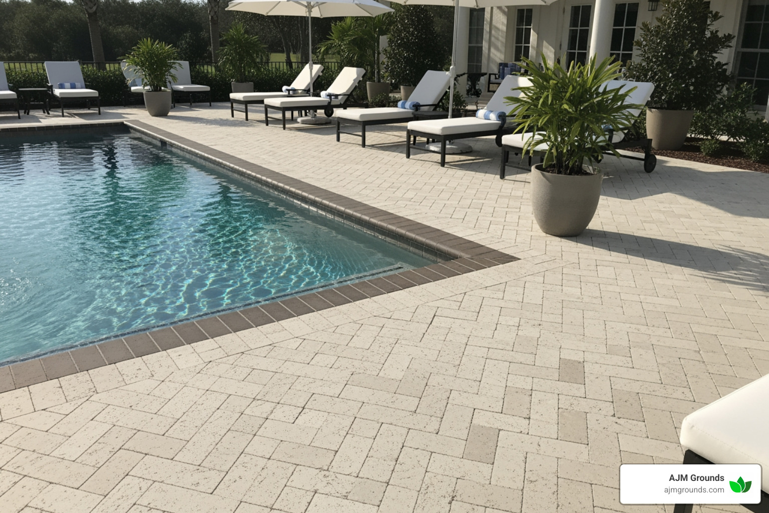 A pool deck with a stylish herringbone pattern in light-colored pavers and a contrasting darker border around the pool's edge. - Pool deck pavers