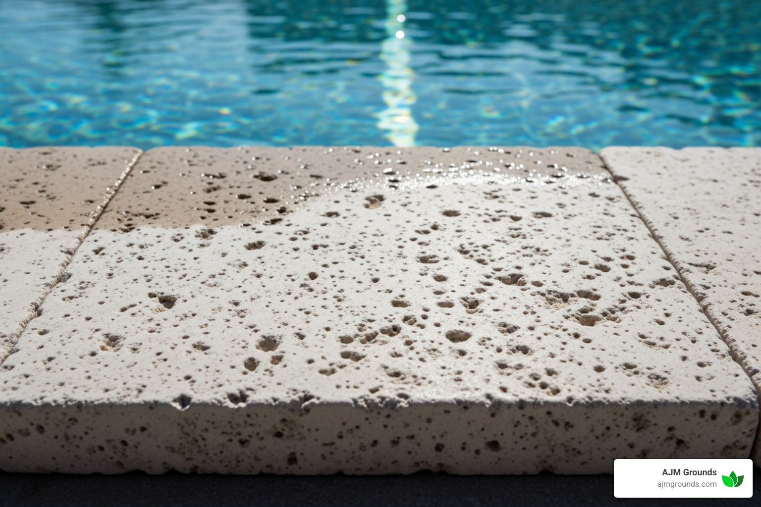 Close-up of a textured, non-slip travertine paver next to a pool, showcasing its natural porosity and light color. - Pool deck pavers