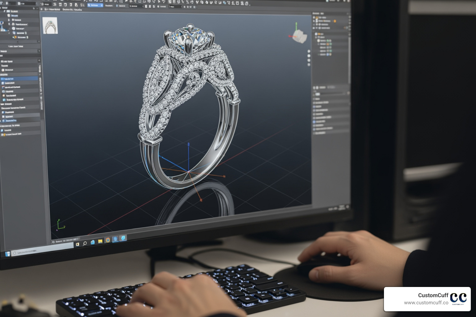 CAD design for a ring on a computer screen - custom wedding rings nyc
