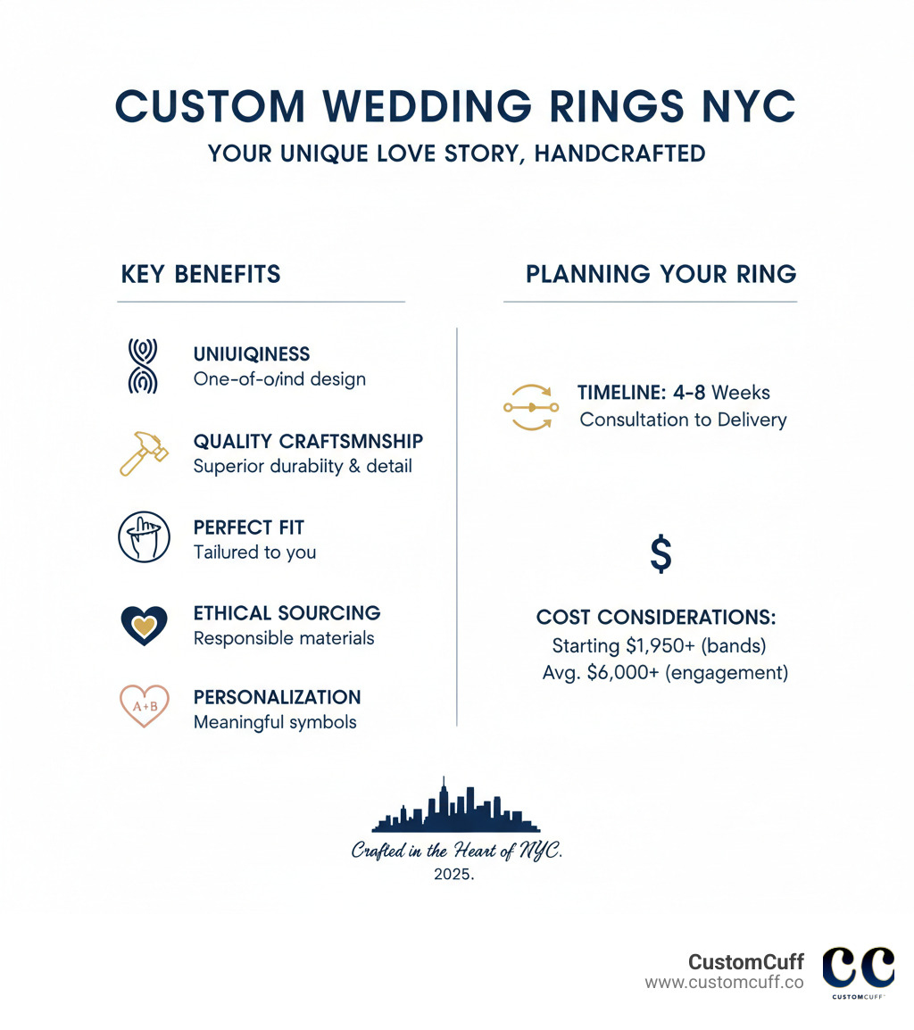 Infographic showing the key benefits of choosing custom wedding rings in NYC including uniqueness, quality craftsmanship, perfect fit, ethical sourcing, and personalization options with timeline and cost considerations - custom wedding rings nyc infographic 