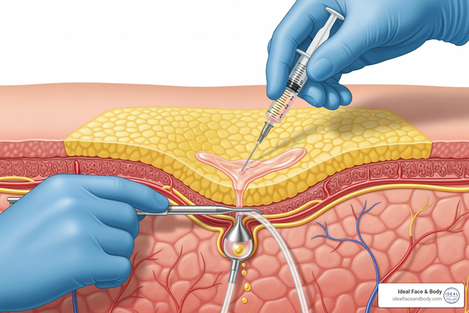 Illustration demonstrating the tumescent liposuction technique, showing injection of fluid, insertion of cannula, and fat aspiration - Fat removal Los Angeles Illustration demonstrating the tumescent liposuction technique, showing injection of fluid, insertion of cannula, and fat aspiration - Fat removal Los Angeles