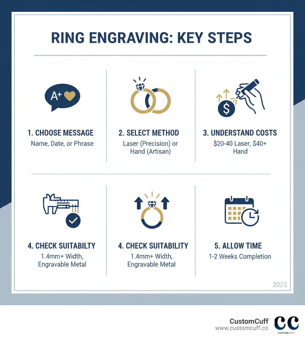 Infographic showing the key steps to engraving a ring: 1. Choose your message (name, date, or phrase), 2. Select engraving method (laser for precision or hand for artisan touch), 3. Understand costs ($20-$40 laser, $40+ hand), 4. Check ring suitability (1.4mm+ width, engravable metal), and 5. Allow 1-2 weeks for completion - engraving name on ring infographic 