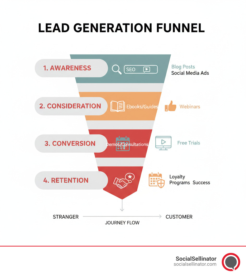 A detailed infographic showing the lead generation funnel flow from stranger to customer, with four main stages labeled Awareness, Consideration, Conversion, and Retention, each containing specific tactics like blog posts and SEO for awareness, ebooks and webinars for consideration, demos and trials for conversion, and loyalty programs for retention - lead generation funnel infographic 