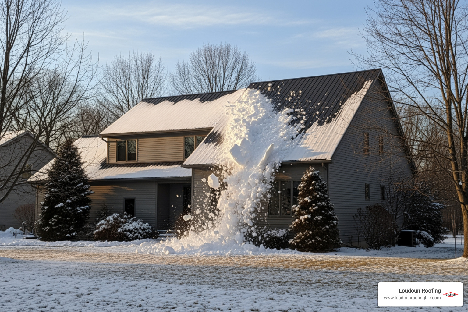 image of a metal roof easily shedding snow in a winter scene - metal roofing installation leesburg