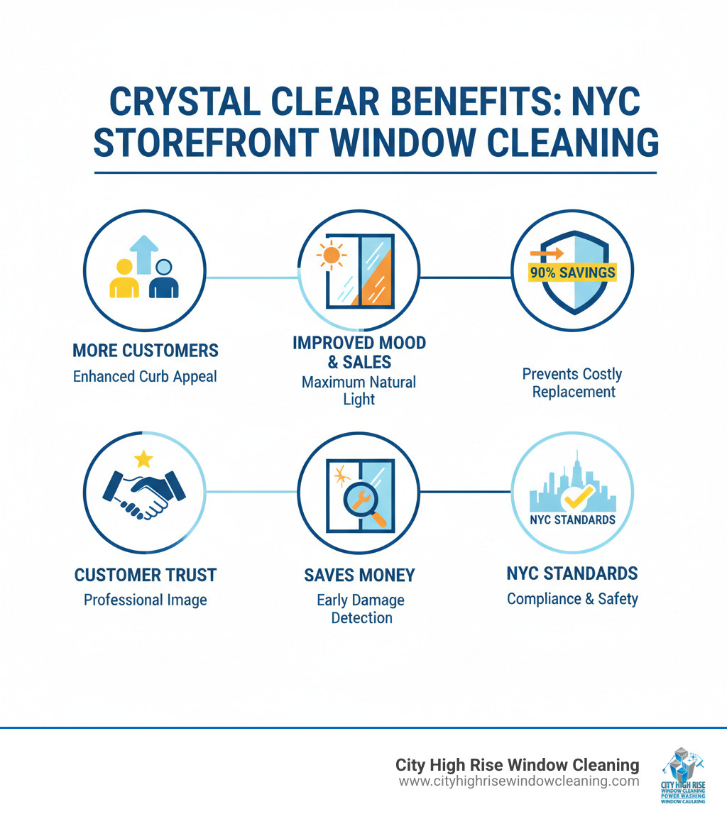 Infographic showing the benefits of professional storefront window cleaning: 1. Enhanced curb appeal attracts more customers 2. Maximum natural light improves mood and sales 3. Regular maintenance prevents costly glass replacement (up to 90% savings) 4. Professional image builds customer trust 5. Early detection of glass damage saves money 6. Compliance with NYC safety standards - storefront window cleaning NYC infographic Infographic showing the benefits of professional storefront window cleaning: 1. Enhanced curb appeal attracts more customers 2. Maximum natural light improves mood and sales 3. Regular maintenance prevents costly glass replacement (up to 90% savings) 4. Professional image builds customer trust 5. Early detection of glass damage saves money 6. Compliance with NYC safety standards - storefront window cleaning NYC infographic