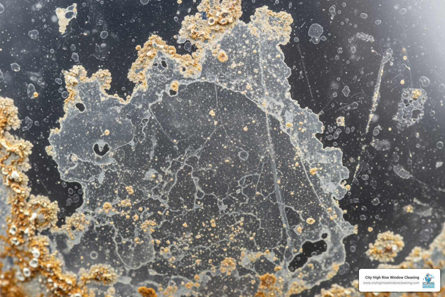 Close-up of glass corrosion and etching from dirt buildup - storefront window cleaning NYC Close-up of glass corrosion and etching from dirt buildup - storefront window cleaning NYC