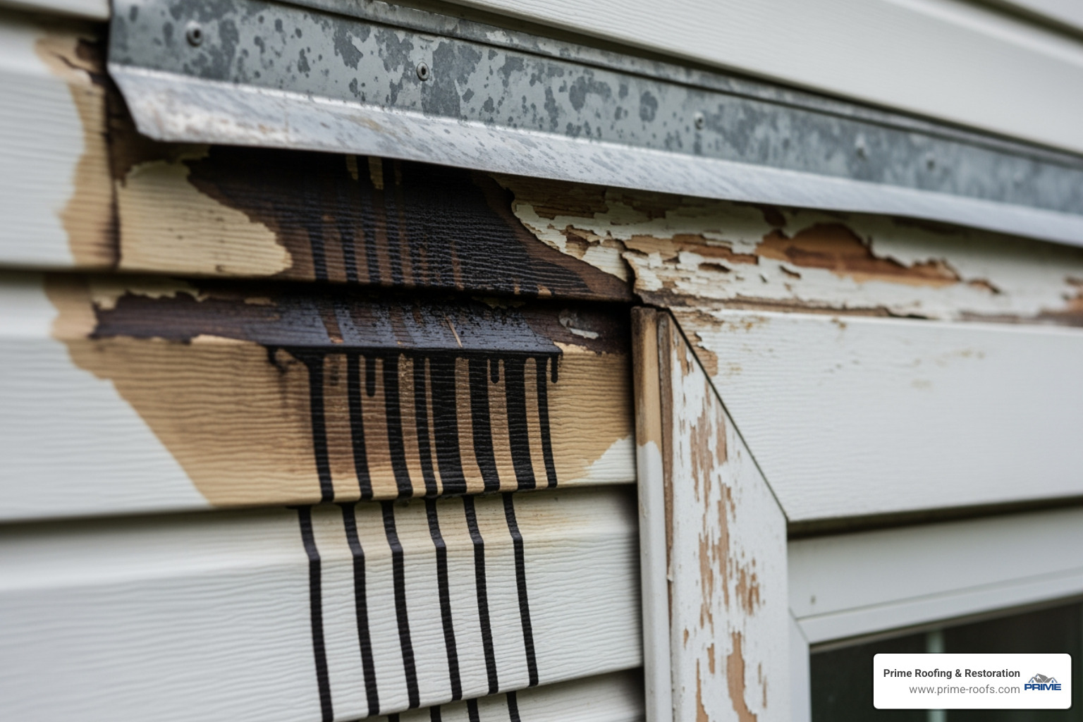 A close-up image of a failed kickout flashing, showing dark water stains and streaks running down the siding below it, indicating a persistent leak - repair kickout flashing roof