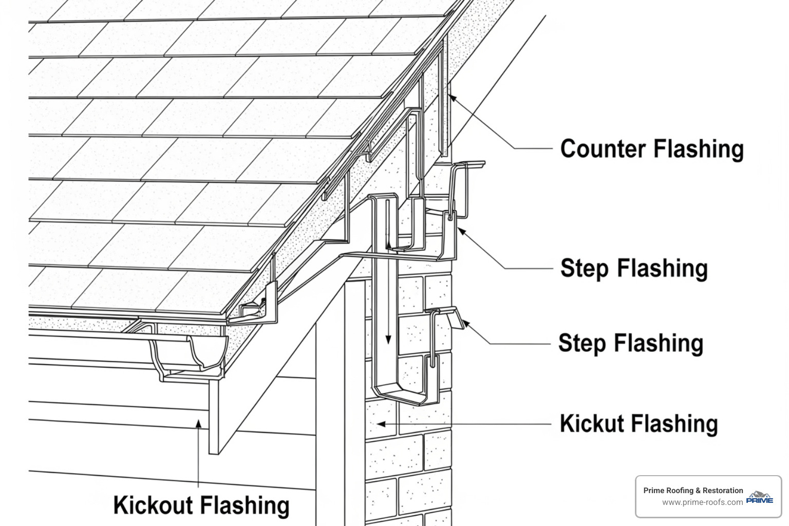 A diagram comparing the installation and function of kickout flashing, step flashing, and counter flashing on a roof system - repair kickout flashing roof